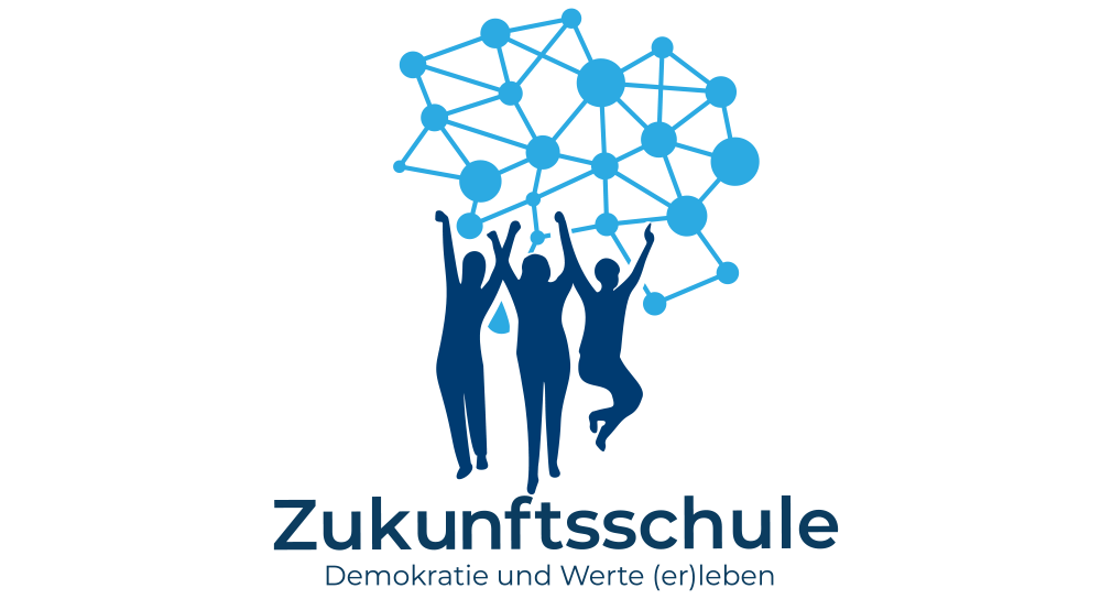 Logo der Zukunftsschulen Demokratie und Werte (er)leben. Drei Personen springen vor einem blauen Netzwerk aus Punkten und Strichen. Logo der Zukunftsschulen Demokratie und Werte (er)leben. Drei Personen springen vor einem blauen Netzwerk aus Punkten und Strichen.